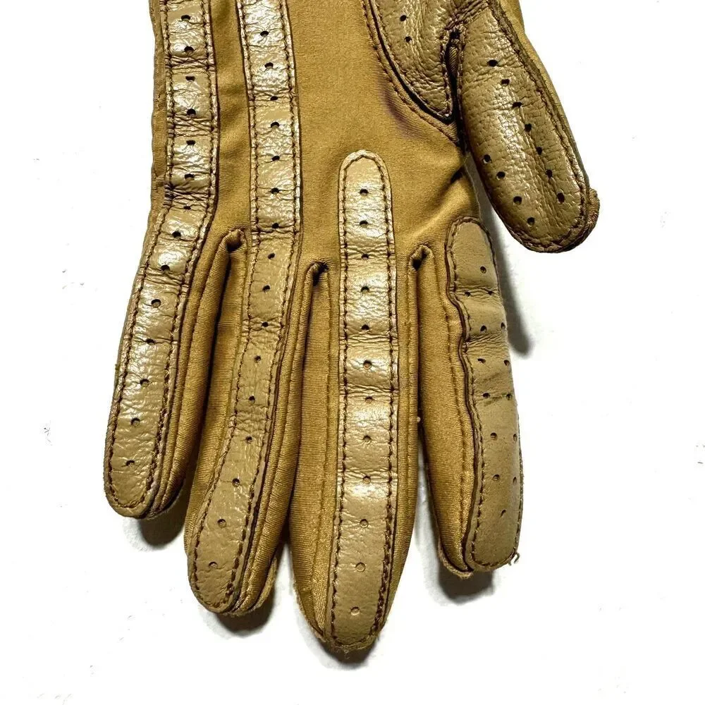 Vintage Driving Gloves Vegan Leather Tan Brown Womens Winter Warm Stretch Lined